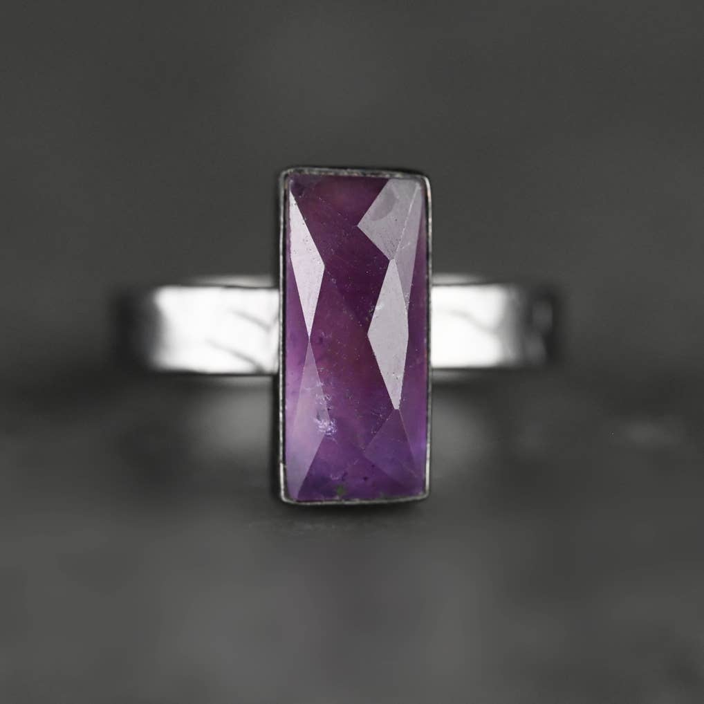 Amethyst Rectangle Ring ~ Hand Hammered Gunmetal Band