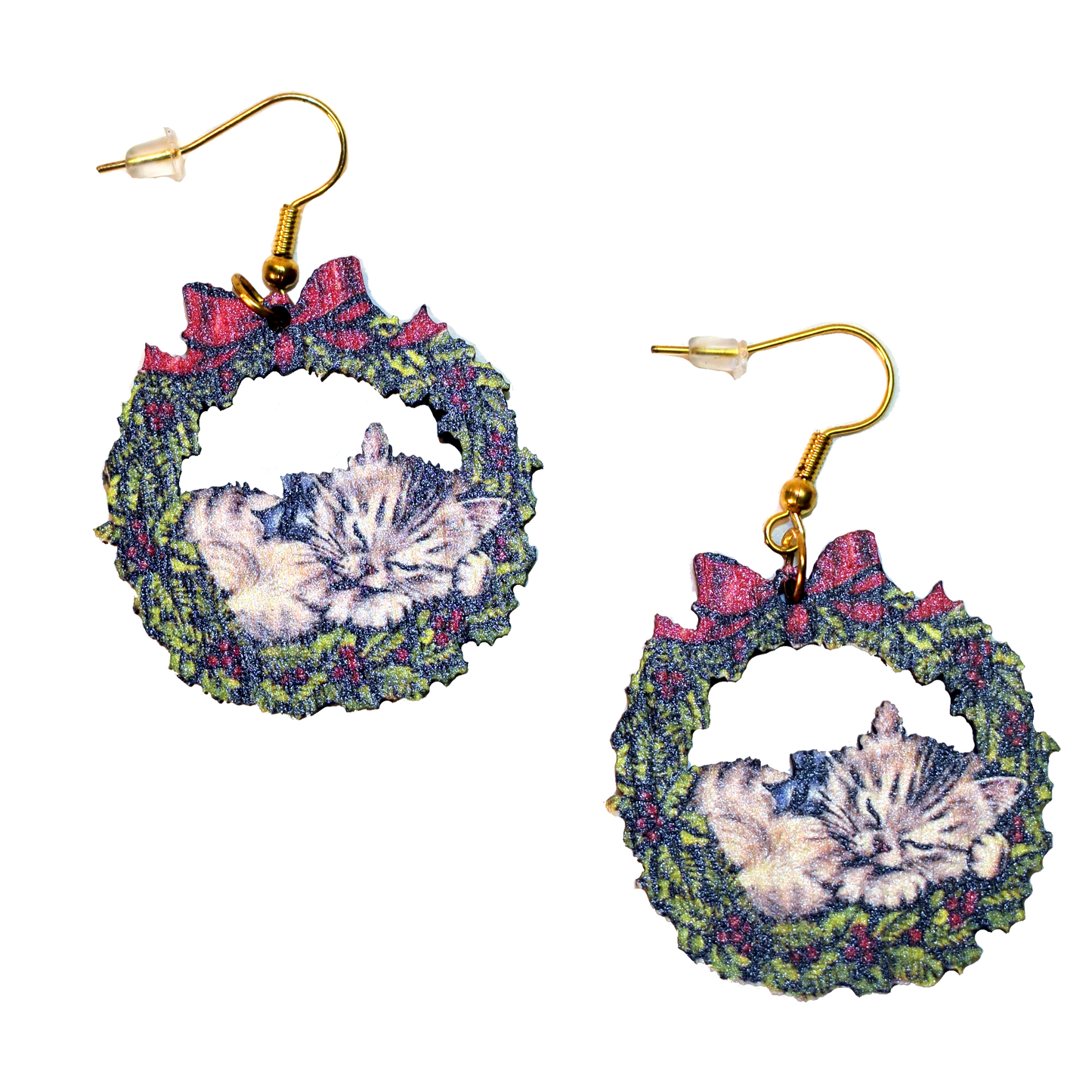 Vintage Cat in Wreath Earrings