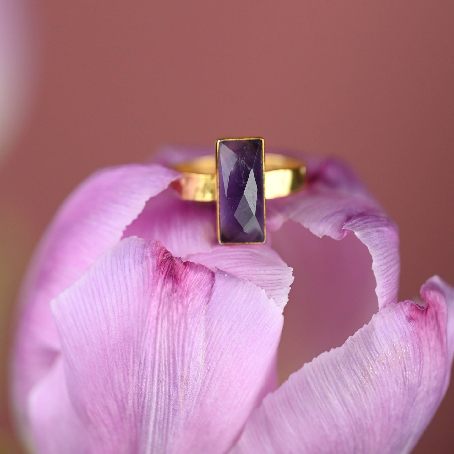 Amethyst Rectangle Ring on a Hand Hammered Golden Band