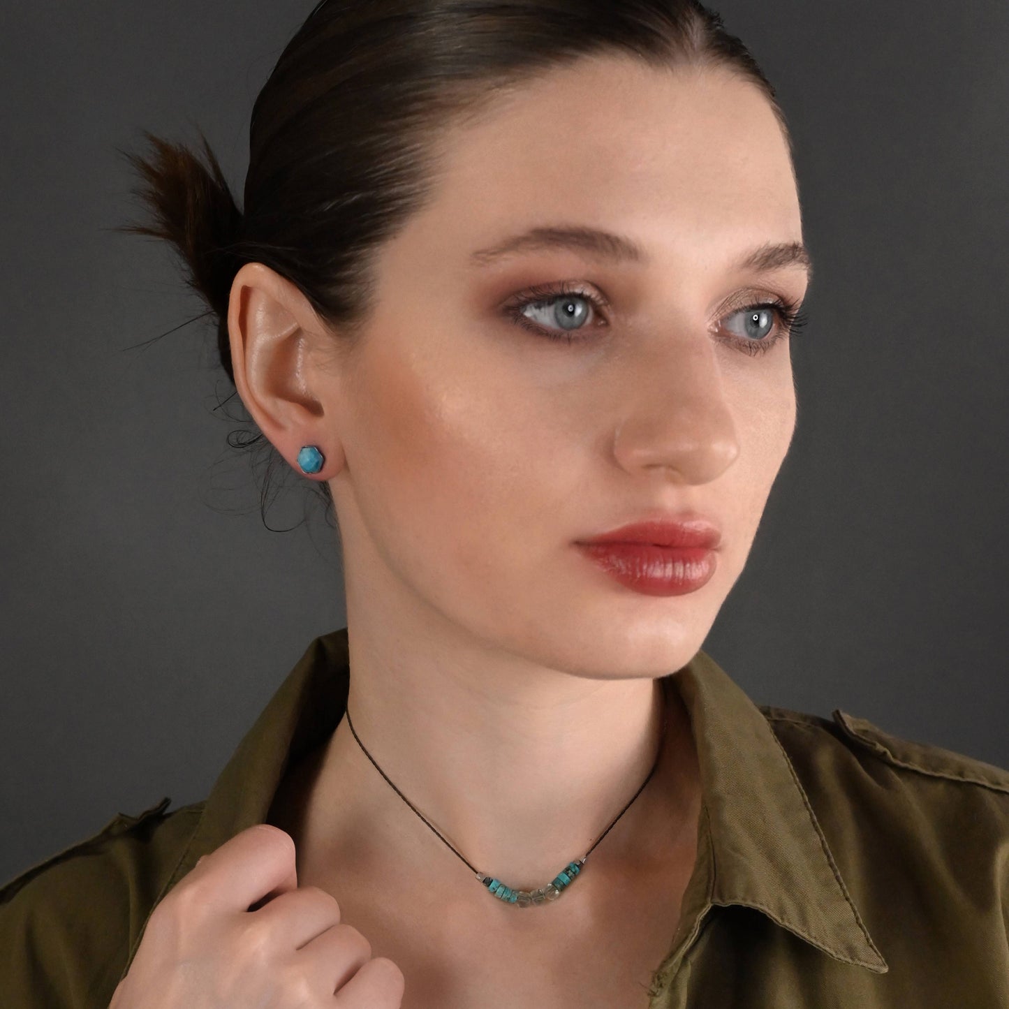 Semi Precious Hexagon Gemstone Studs (8mm) (Gunmetal)
