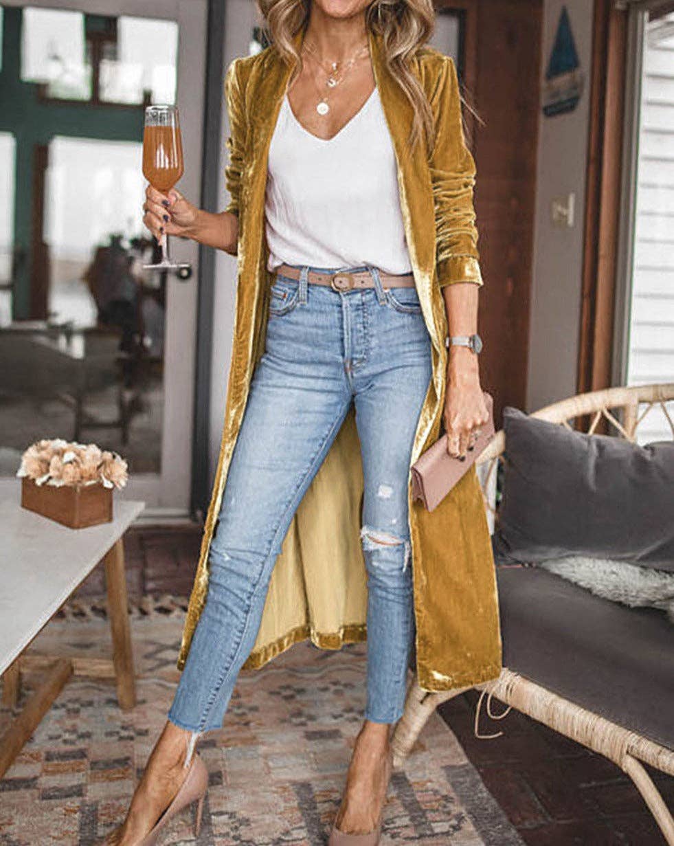 Janine Velvet Open Front Pocketed Duster gold mustard color