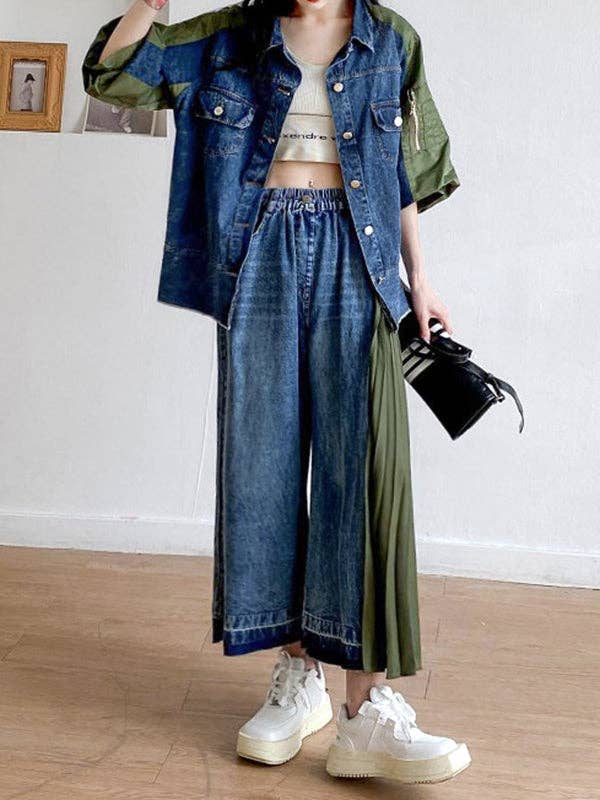 Loose Ninth Pants Contrast Color Pleated Split-Joint Casual Pants Bottoms Trousers