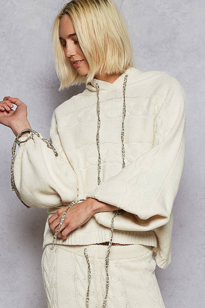 Balloon sleeve chenille twisted weave hoodie sweater