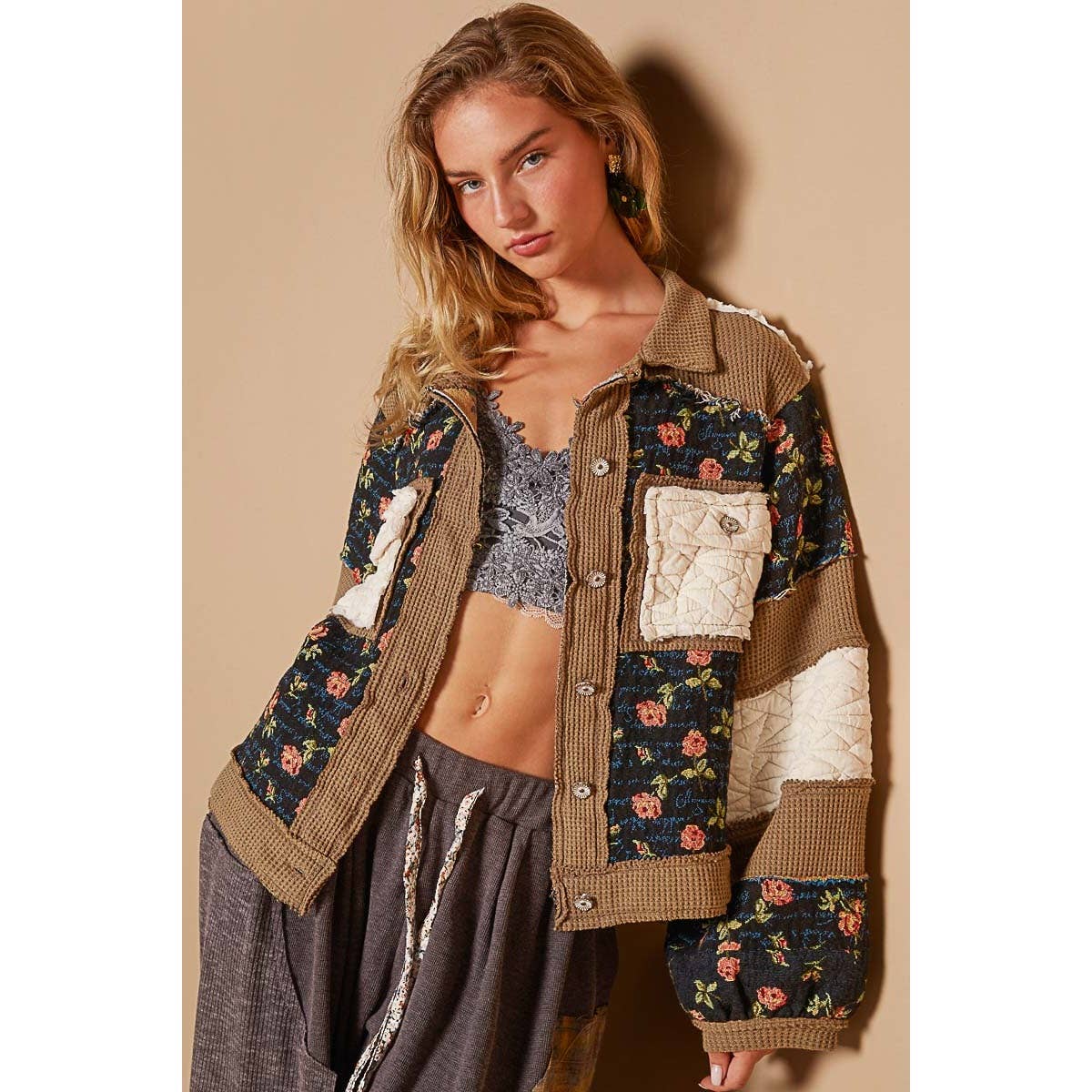 BeBe Vintage washed jacquard color block jacket