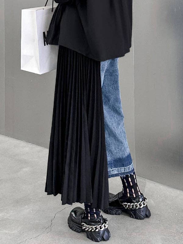 Loose Ninth Pants Contrast Color Pleated Split-Joint Casual Pants Bottoms Trousers