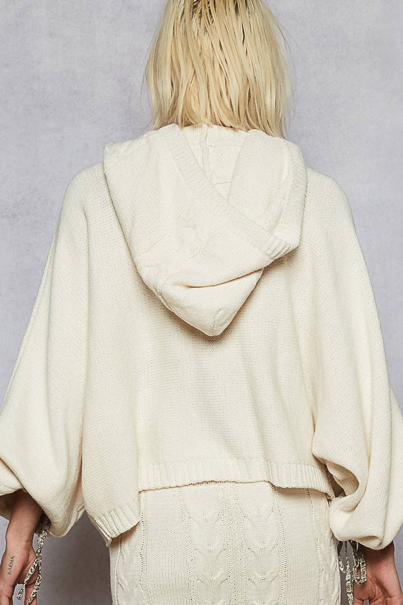 Balloon sleeve chenille twisted weave hoodie sweater