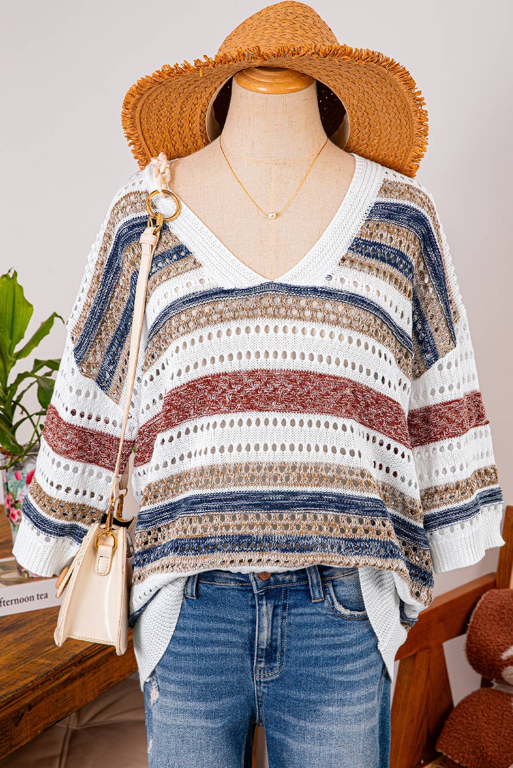 Fashion-W Stripe Hollow Out Half Sleeve Knitted Sweater