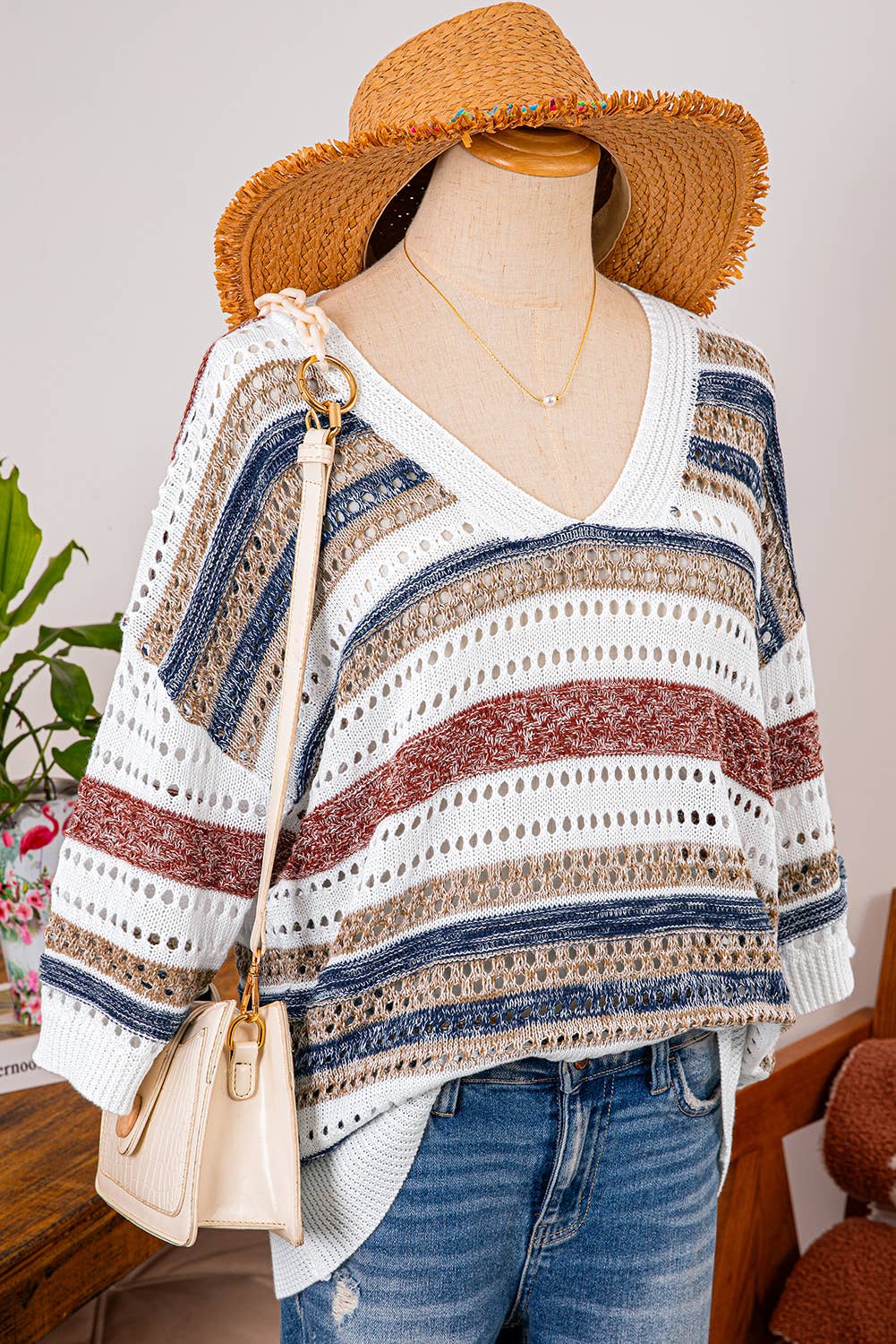 Fashion-W Stripe Hollow Out Half Sleeve Knitted Sweater