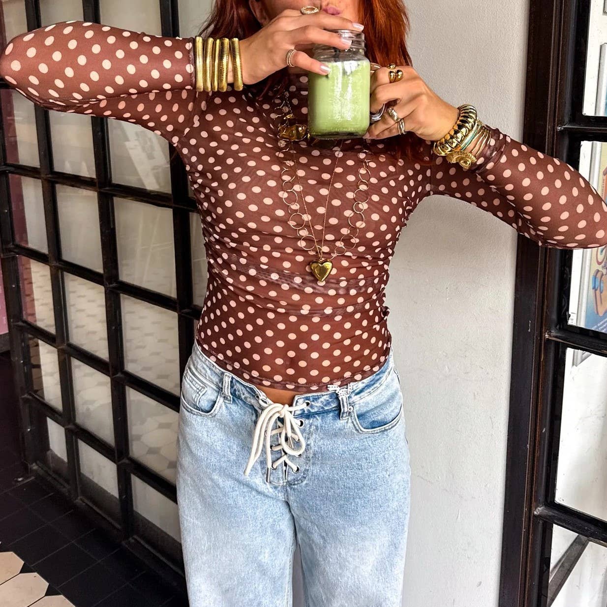 Y2k Vintage Style Polka Dots Sheer Mesh Top