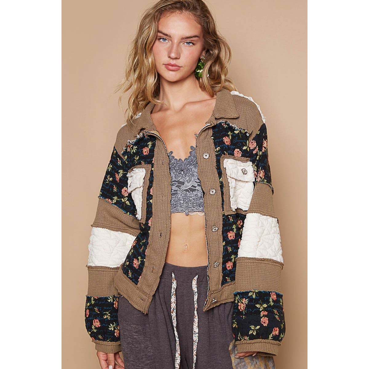 BeBe Vintage washed jacquard color block jacket