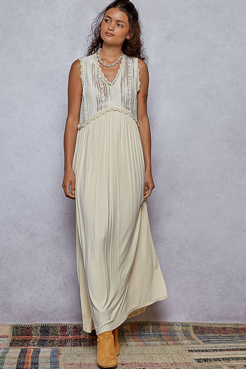 V-neck sleeveless cut sew knit lace trim solid dress