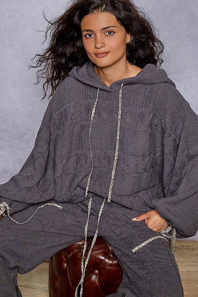 Balloon sleeve chenille twisted weave hoodie sweater
