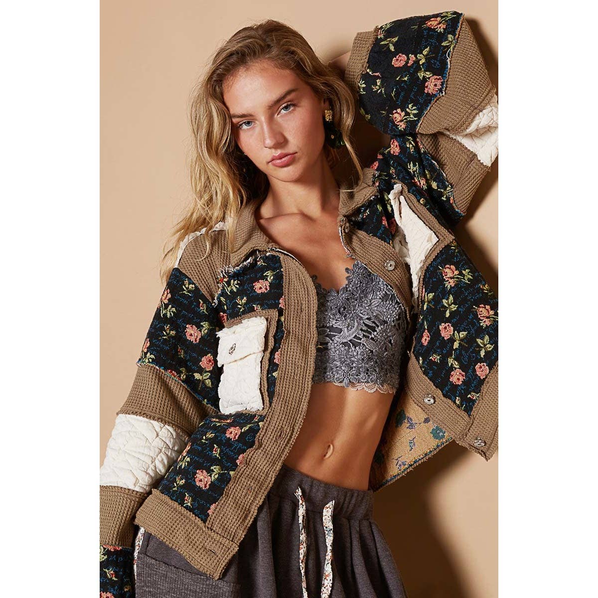 BeBe Vintage washed jacquard color block jacket