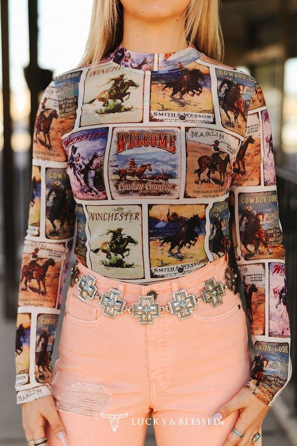 Pink Collage Printed Long Sleeve Mesh Top