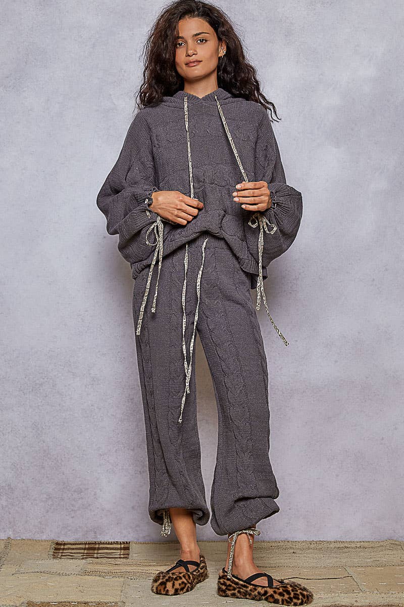 Balloon sleeve chenille twisted weave hoodie sweater