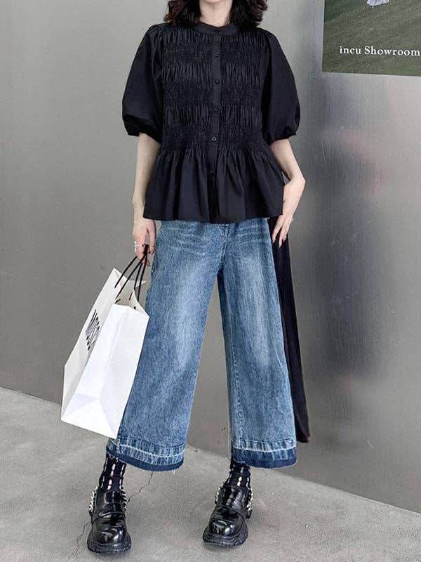 Loose Ninth Pants Contrast Color Pleated Split-Joint Casual Pants Bottoms Trousers