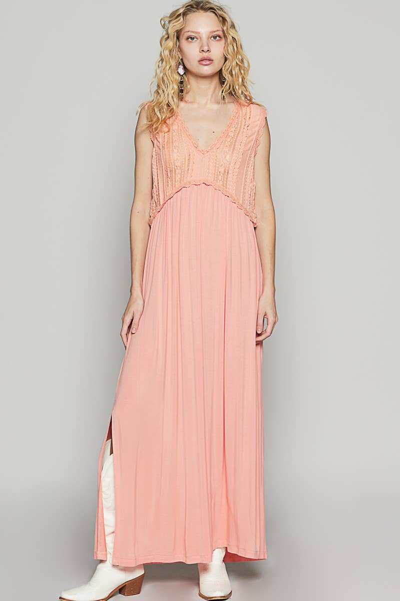 V-neck sleeveless cut sew knit lace trim solid dress