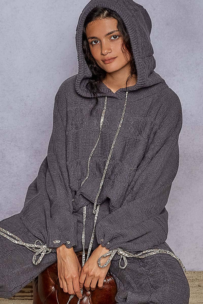 Balloon sleeve chenille twisted weave hoodie sweater