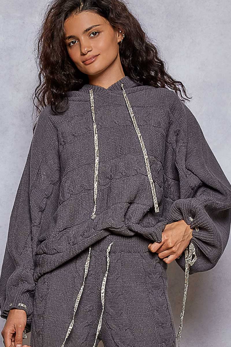 Balloon sleeve chenille twisted weave hoodie sweater