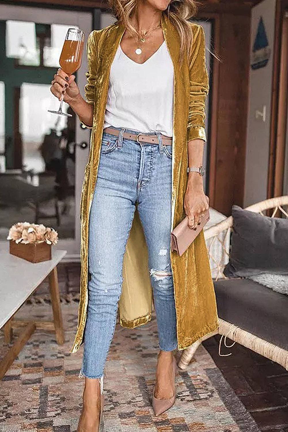 Janine Velvet Open Front Pocketed Duster gold mustard color