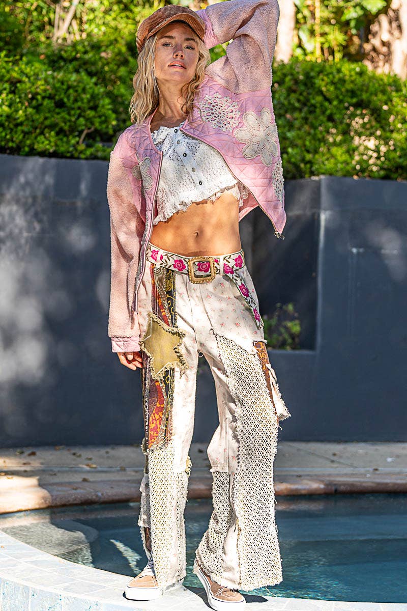 Printed Patchwork Detail Woven Twill Pants