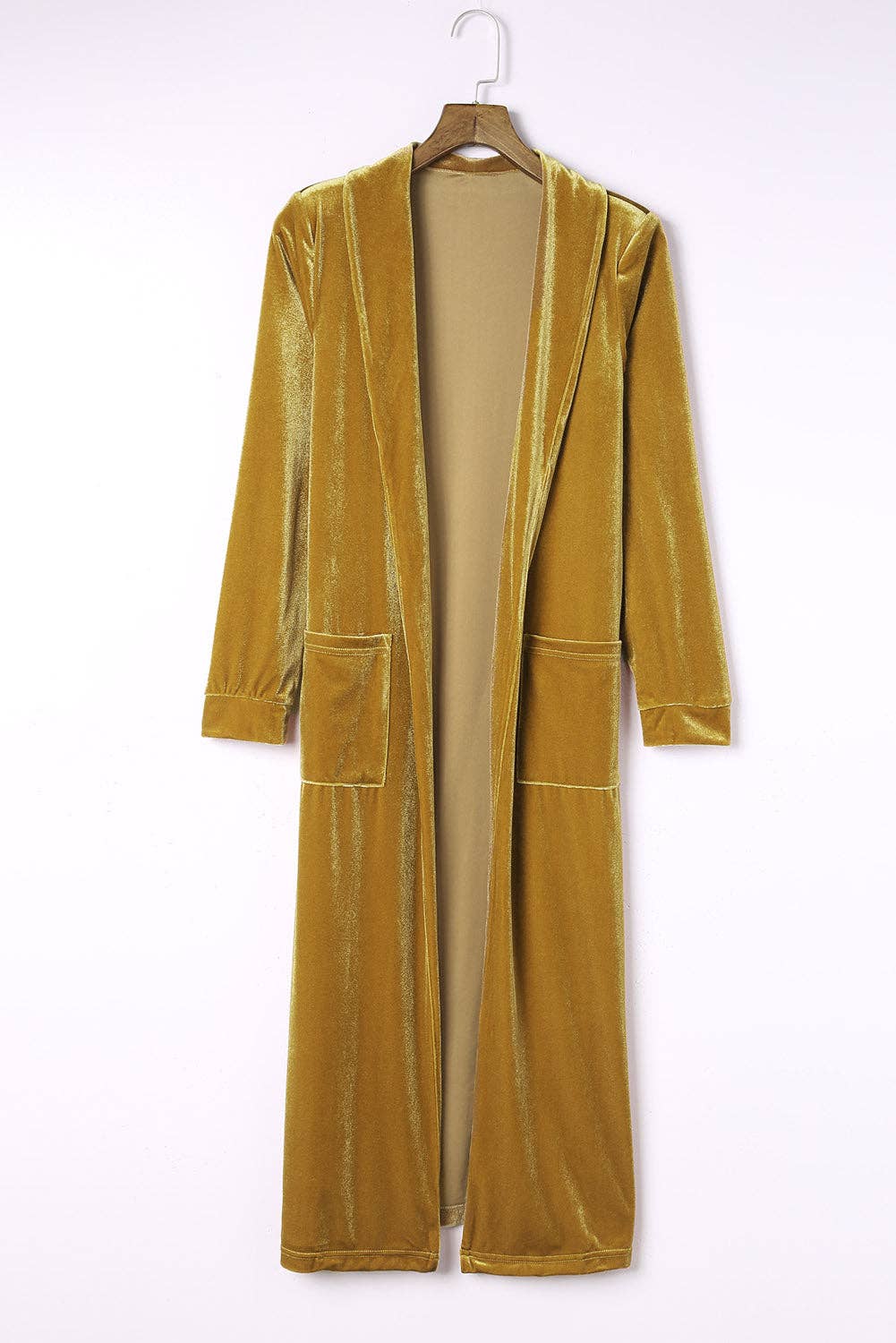 Janine Velvet Open Front Pocketed Duster gold mustard color