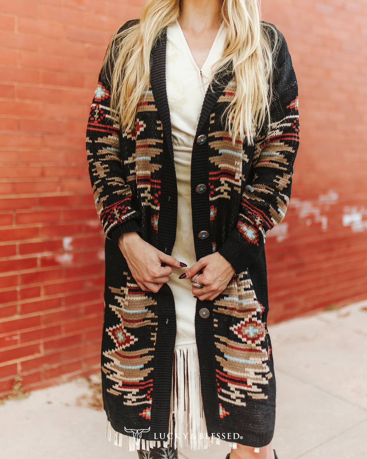 Black Aztec Knit Long Sleeve Button Down Duster