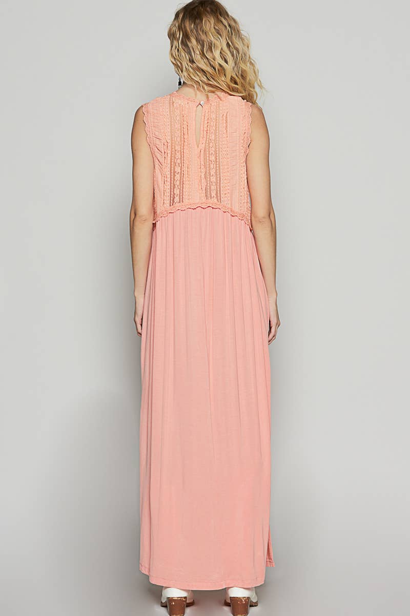 V-neck sleeveless cut sew knit lace trim solid dress
