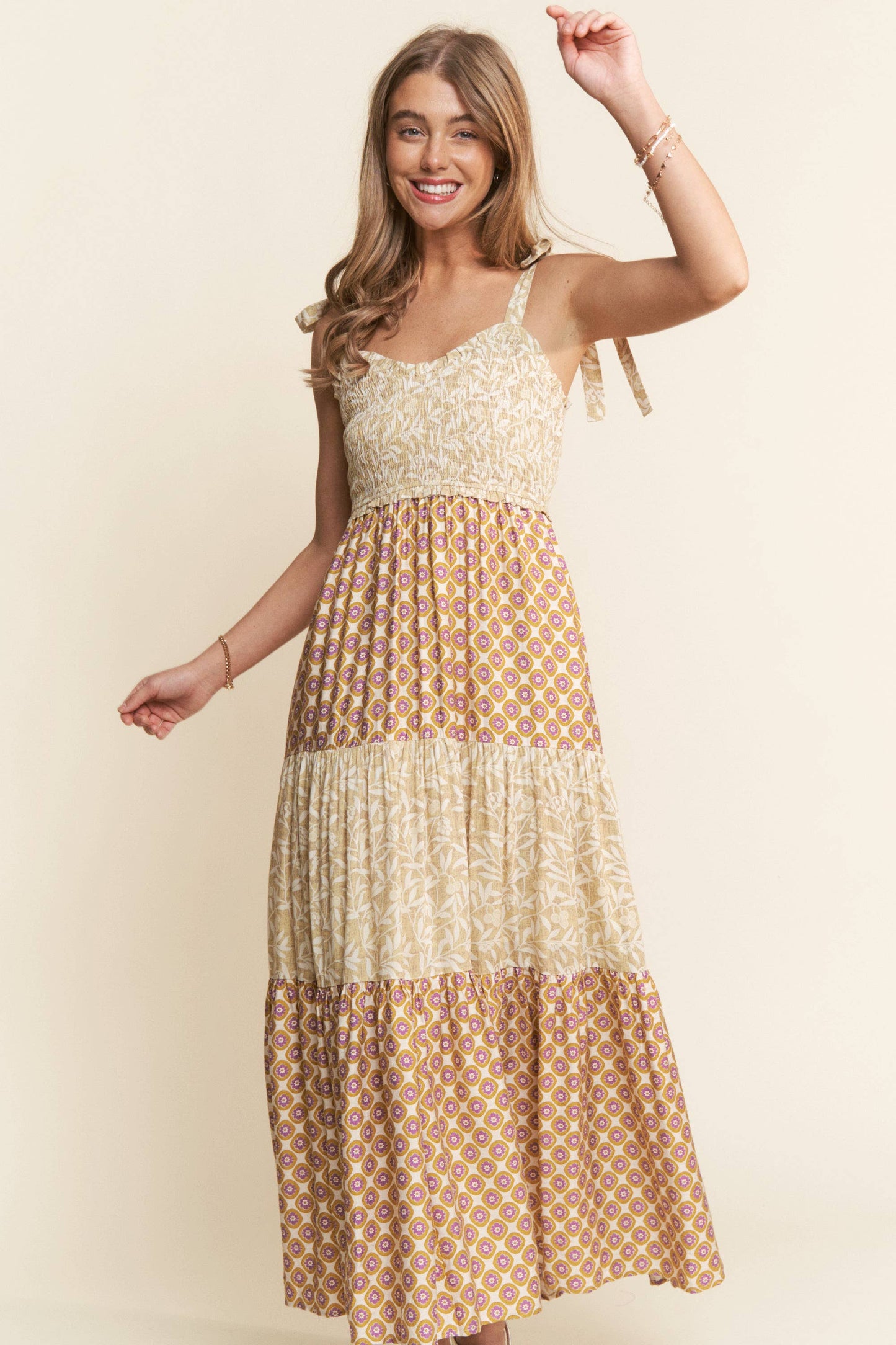 Gigi's Multi Print Patchwork Smocked Tiered Dress