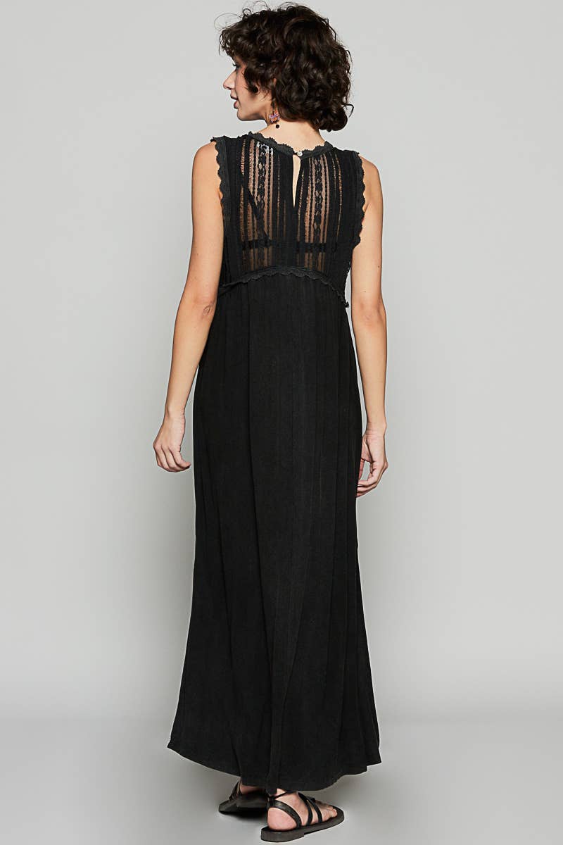 V-neck sleeveless cut sew knit lace trim solid dress