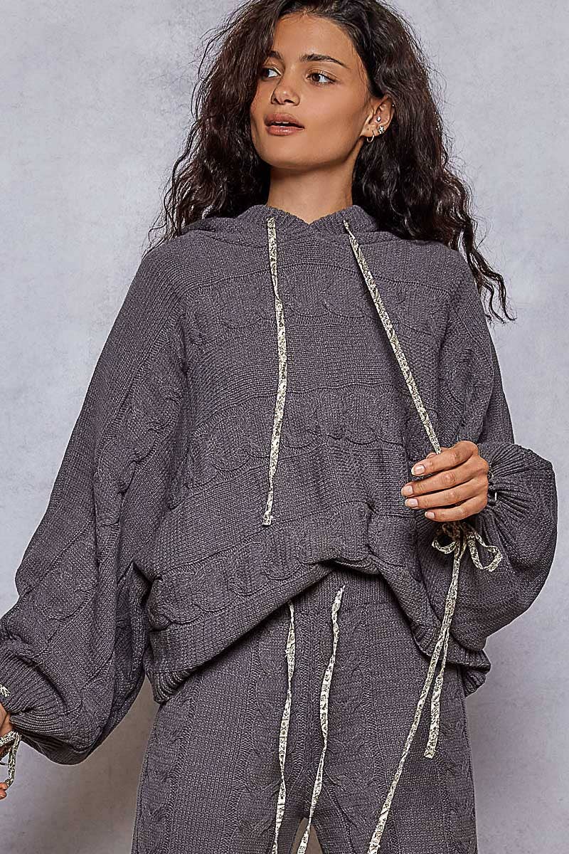 Balloon sleeve chenille twisted weave hoodie sweater