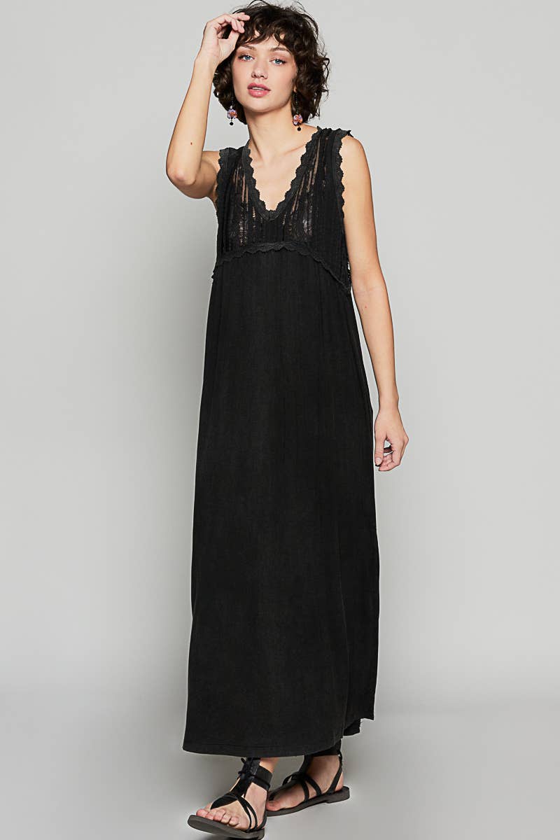 V-neck sleeveless cut sew knit lace trim solid dress
