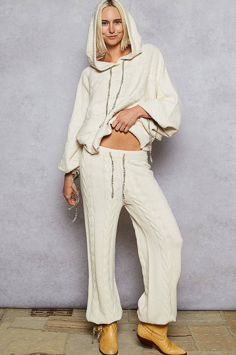 Balloon sleeve chenille twisted weave hoodie sweater