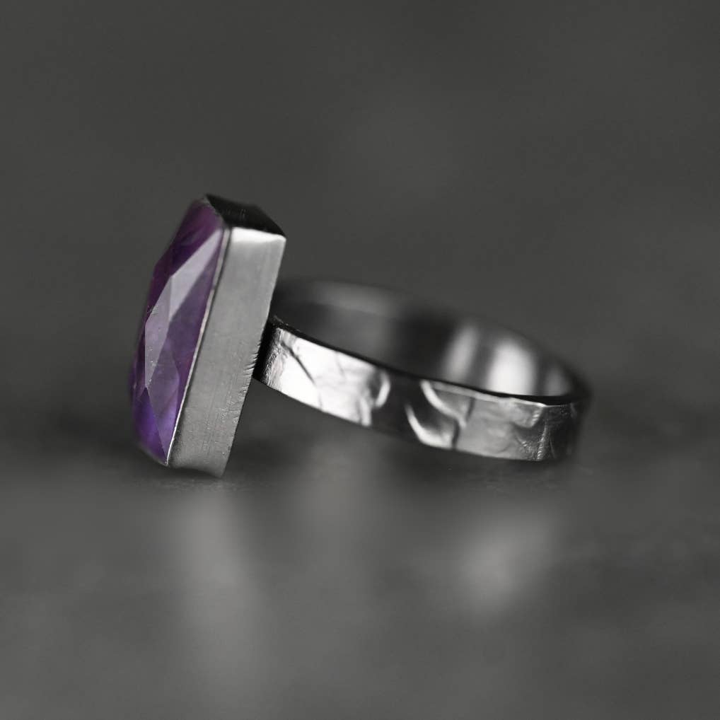 Amethyst Rectangle Ring ~ Hand Hammered Gunmetal Band