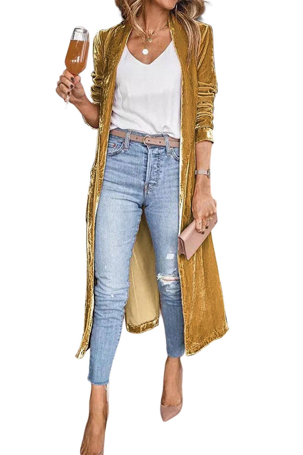 Janine Velvet Open Front Pocketed Duster gold mustard color