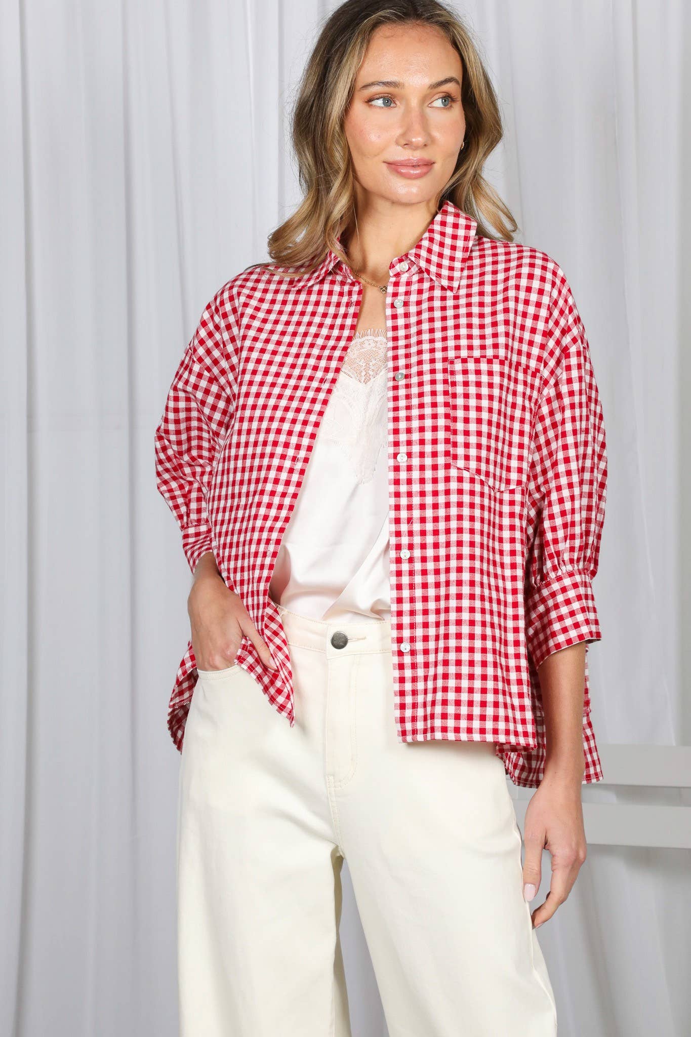 Gingham Puff Sleeve Ruffle Accent 100%Cotton Shirt VT83518C