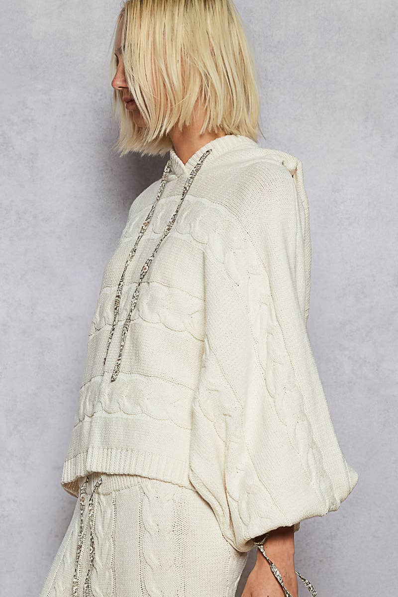 Balloon sleeve chenille twisted weave hoodie sweater
