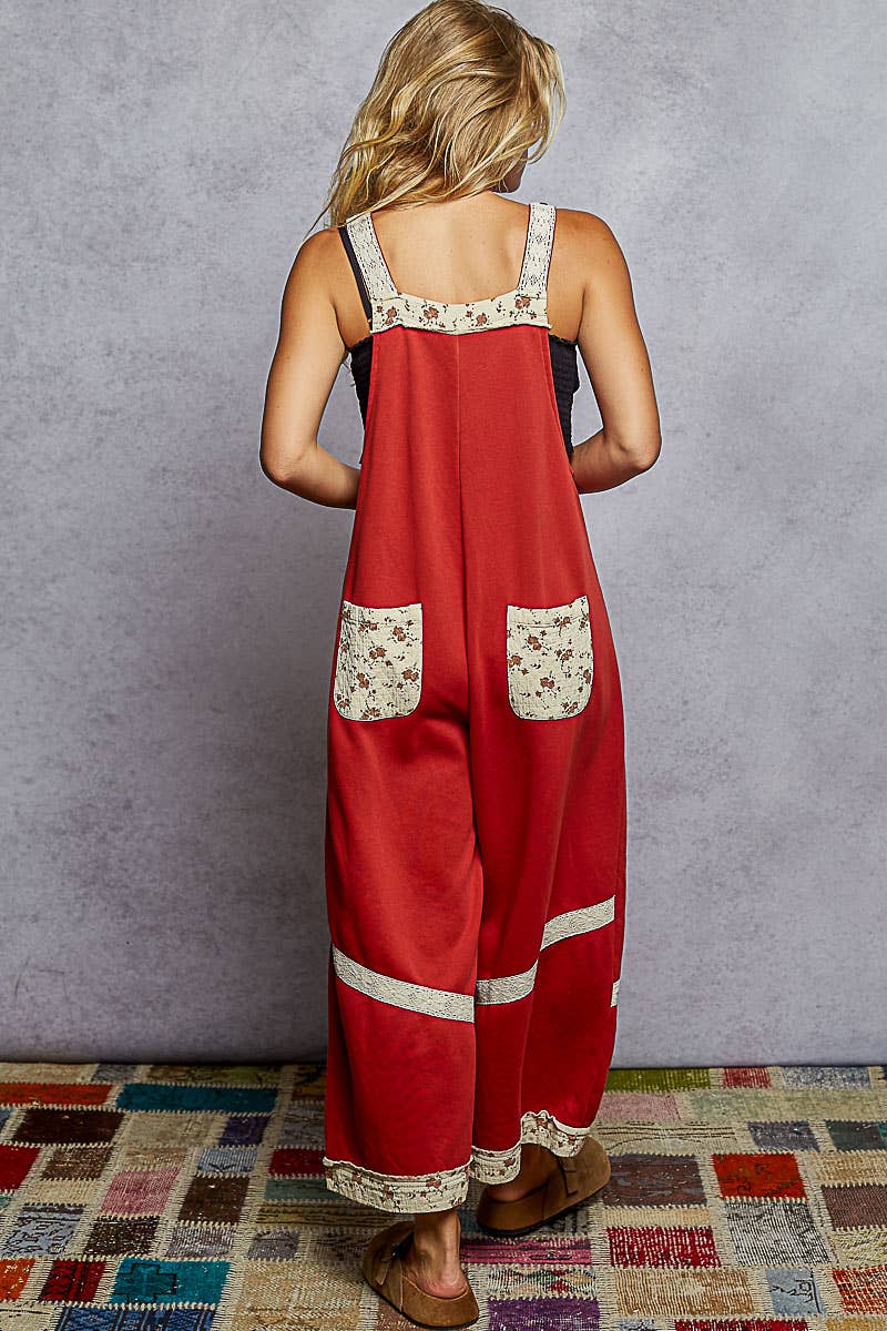 Tomato French terry knit overalls