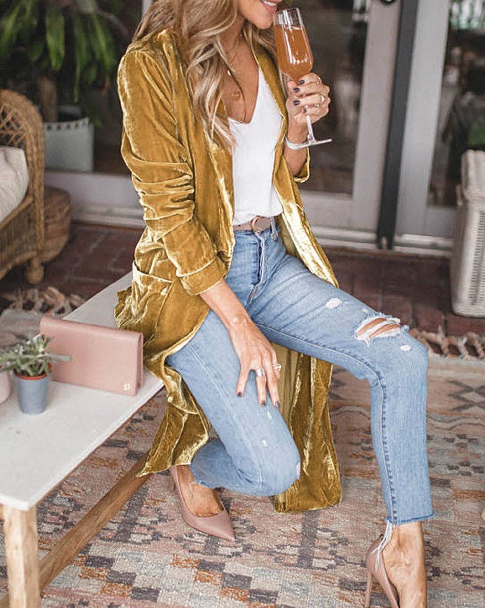 Janine Velvet Open Front Pocketed Duster gold mustard color