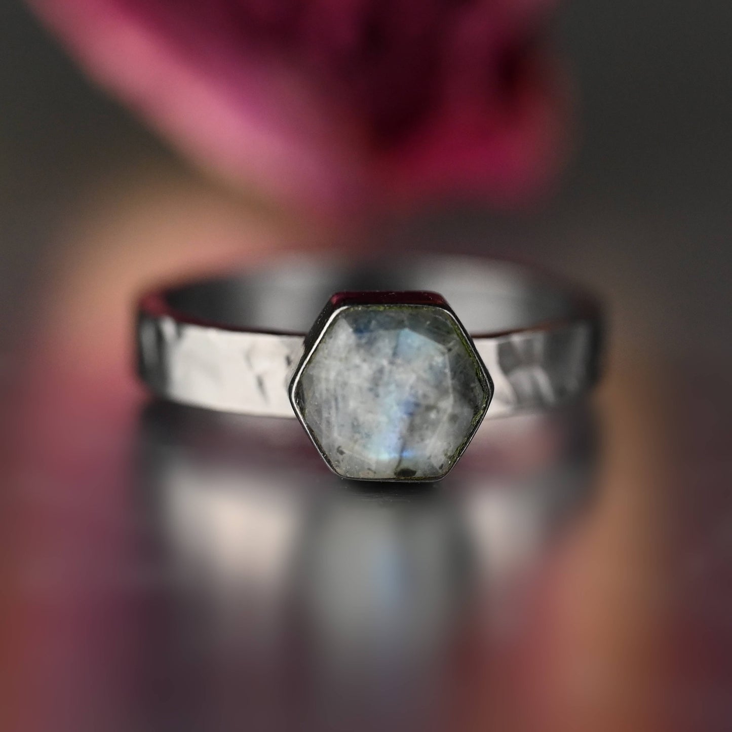Ring w/ Labradorite Hexagon on a Hammered Band (Gunmetal)