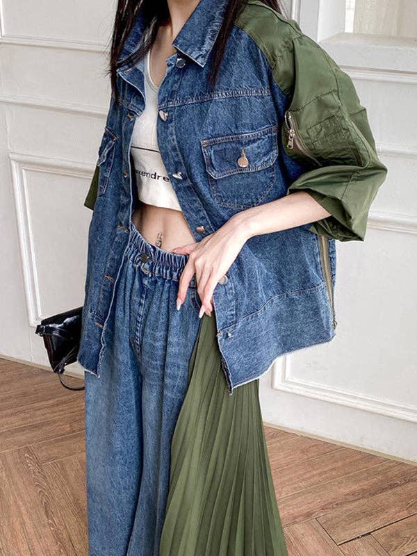 Loose Ninth Pants Contrast Color Pleated Split-Joint Casual Pants Bottoms Trousers