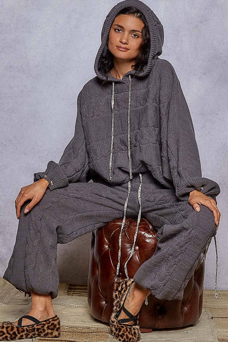 Balloon sleeve chenille twisted weave hoodie sweater