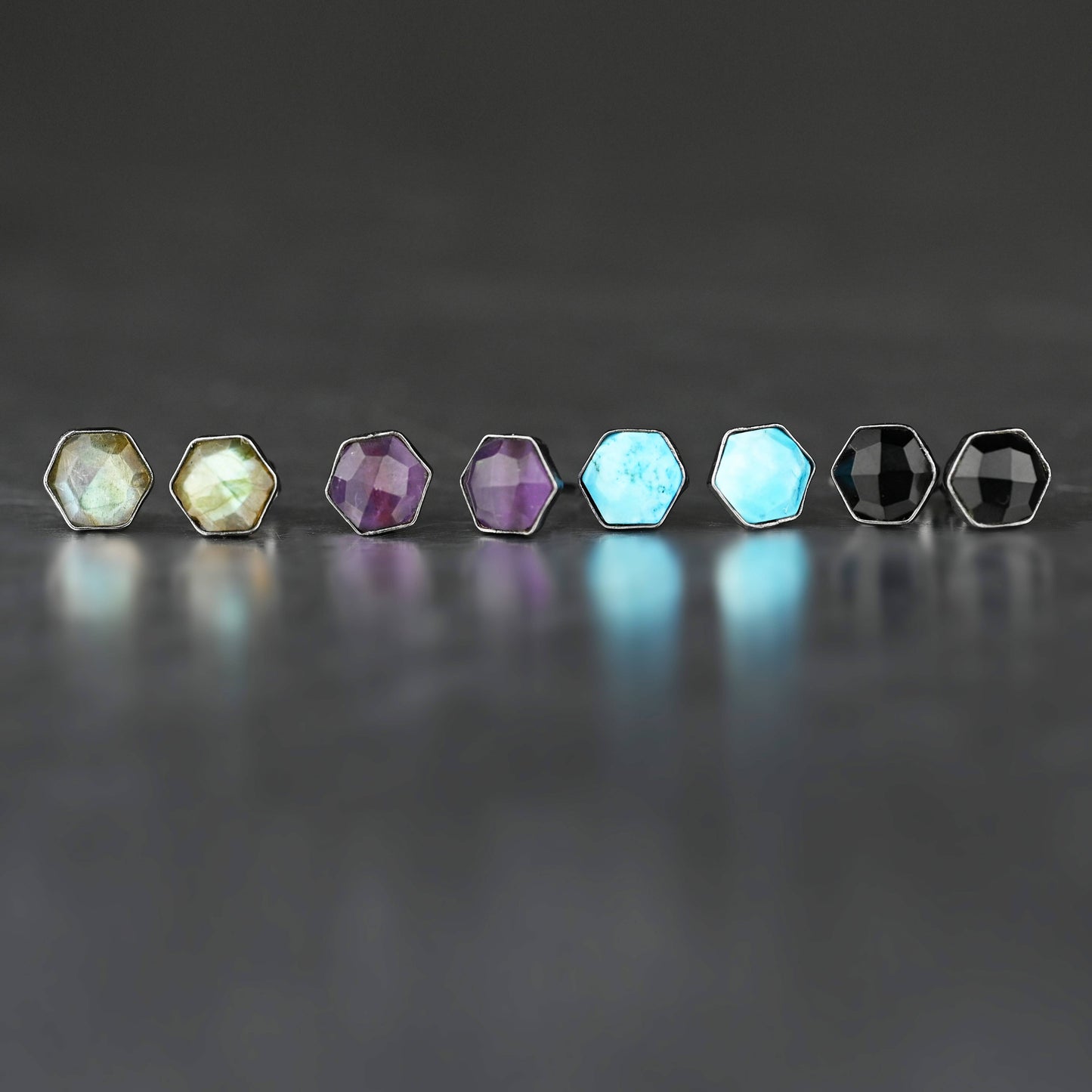 Semi Precious Hexagon Gemstone Studs (8mm) (Gunmetal)