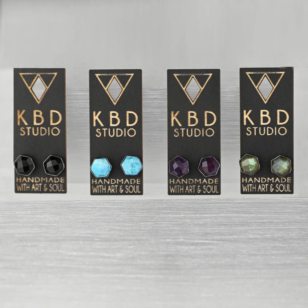 Semi Precious Hexagon Gemstone Studs (8mm) (Gunmetal)