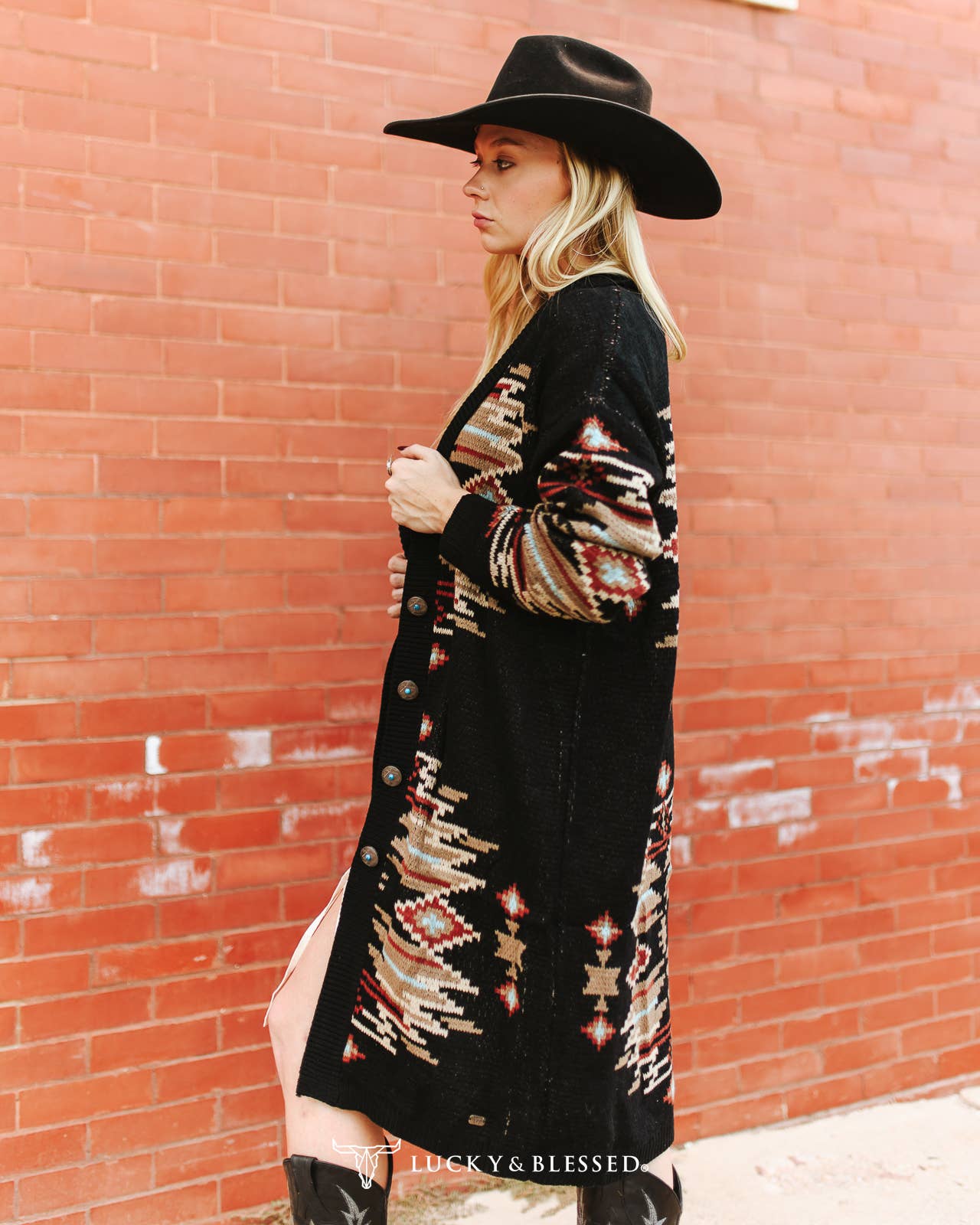 Black Aztec Knit Long Sleeve Button Down Duster