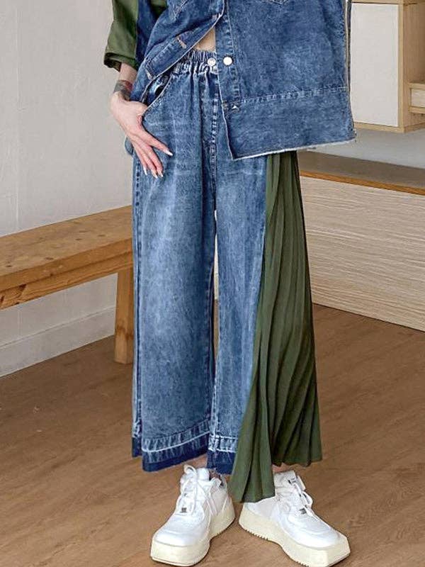 Loose Ninth Pants Contrast Color Pleated Split-Joint Casual Pants Bottoms Trousers