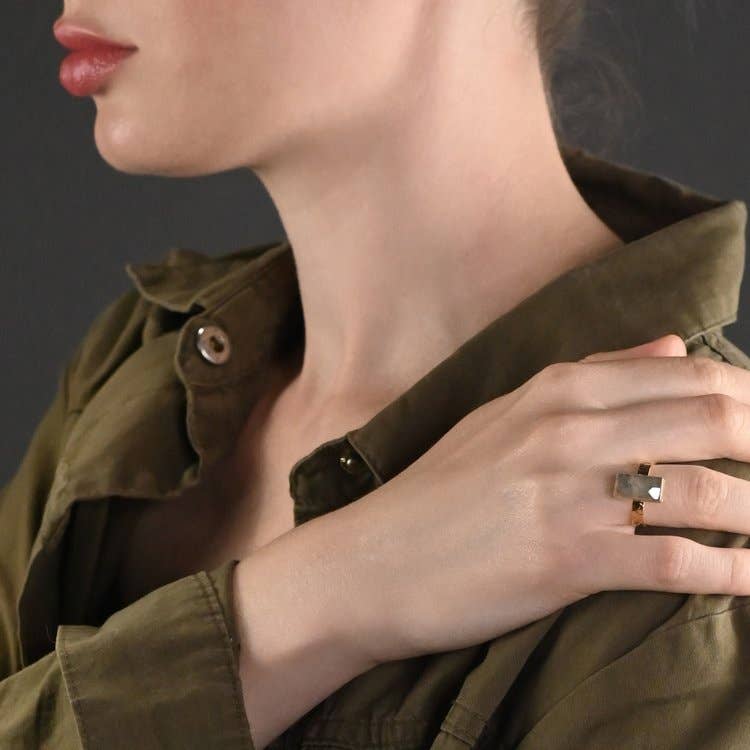 Amethyst Rectangle Ring ~ Hand Hammered Gunmetal Band