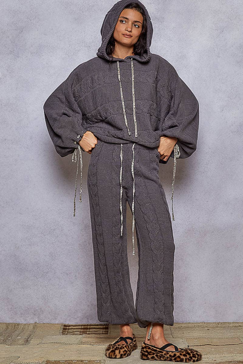 Balloon sleeve chenille twisted weave hoodie sweater