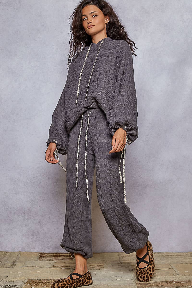 Balloon sleeve chenille twisted weave hoodie sweater