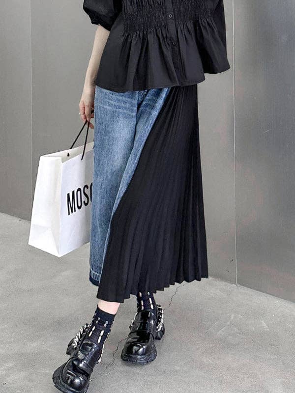 Loose Ninth Pants Contrast Color Pleated Split-Joint Casual Pants Bottoms Trousers